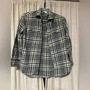 Old Navy XS Boyfriend Plaid Shirt, Gray and Cream, Relaxed Fit, Soft Flannel